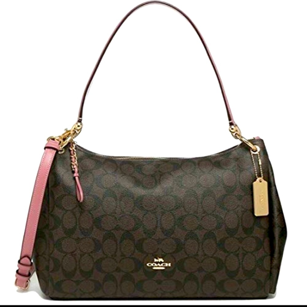 Coach shoulder Hand bag Purse Brown & Pink Flawless Like NEW adjustable strap